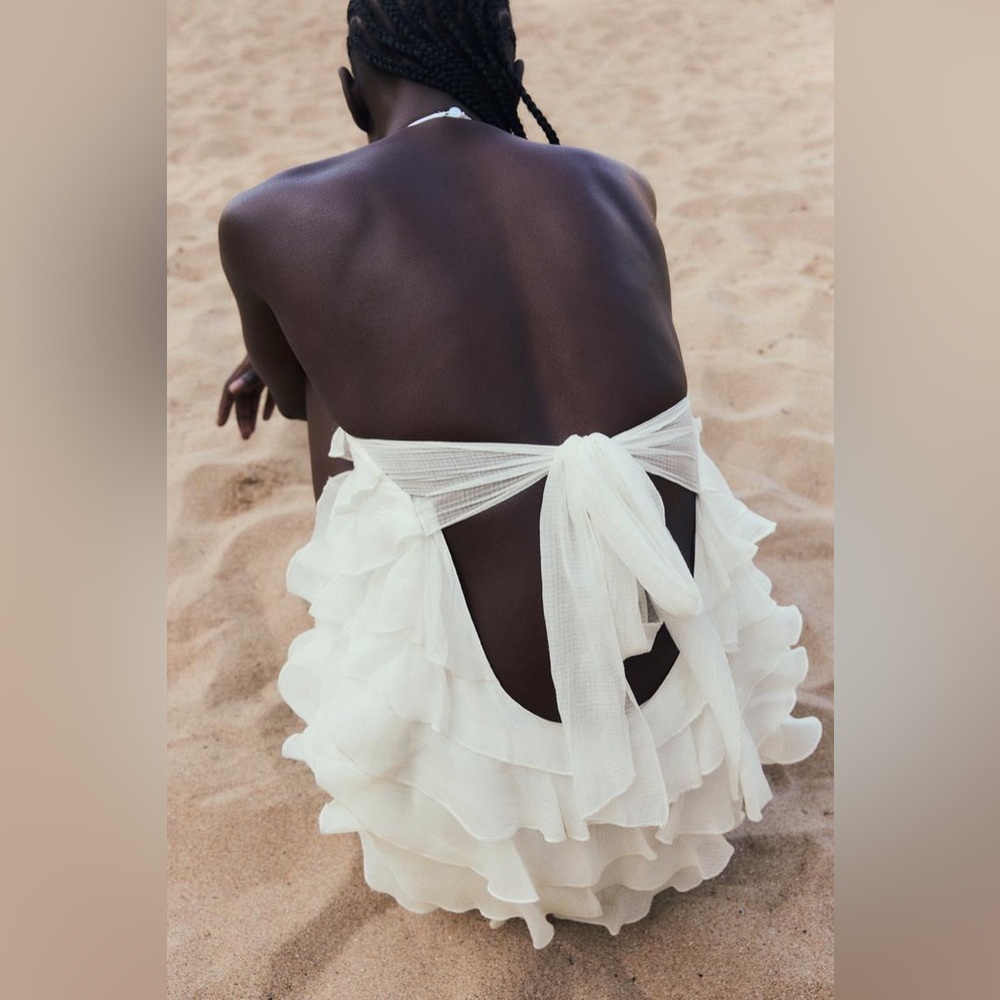Zara ivory ecru mini dress halter ruffle Bohemian summer vacation evening - Picture 10 of 12